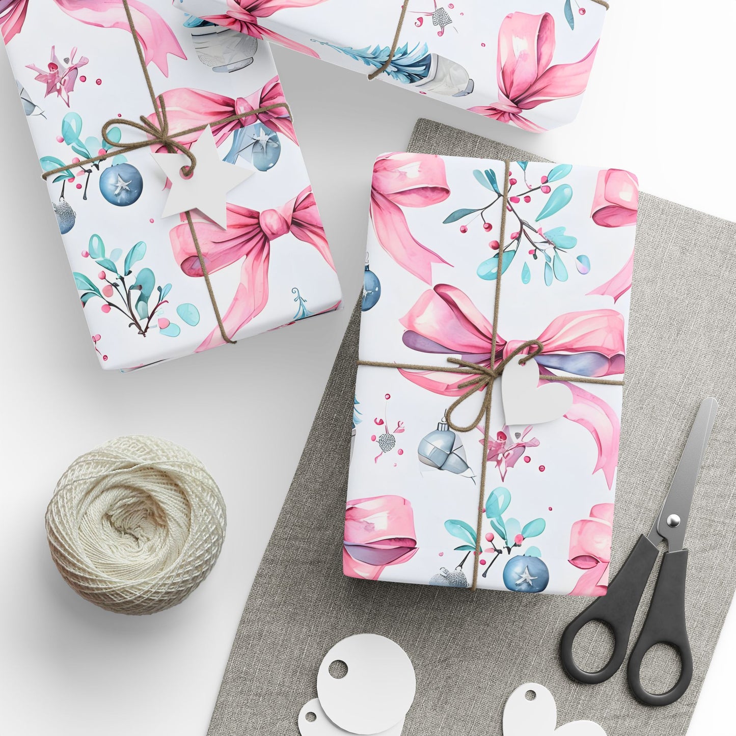 Whimsical Christmas Wrapping Paper with Pink Bows and Ornaments