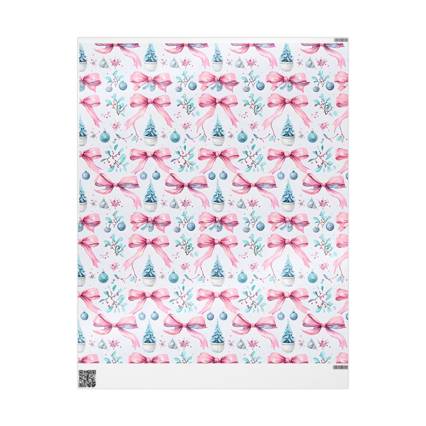 Whimsical Christmas Wrapping Paper with Pink Bows and Ornaments