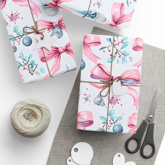 Whimsical Christmas Wrapping Paper with Pink Bows and Ornaments