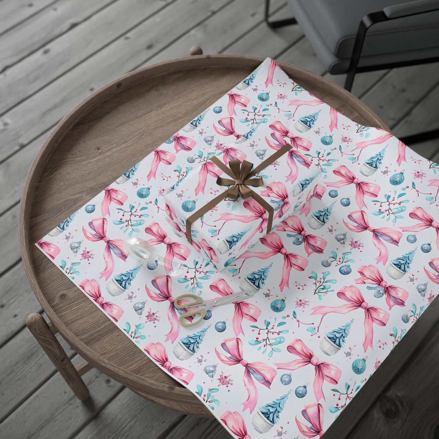 Whimsical Christmas Wrapping Paper with Pink Bows and Ornaments