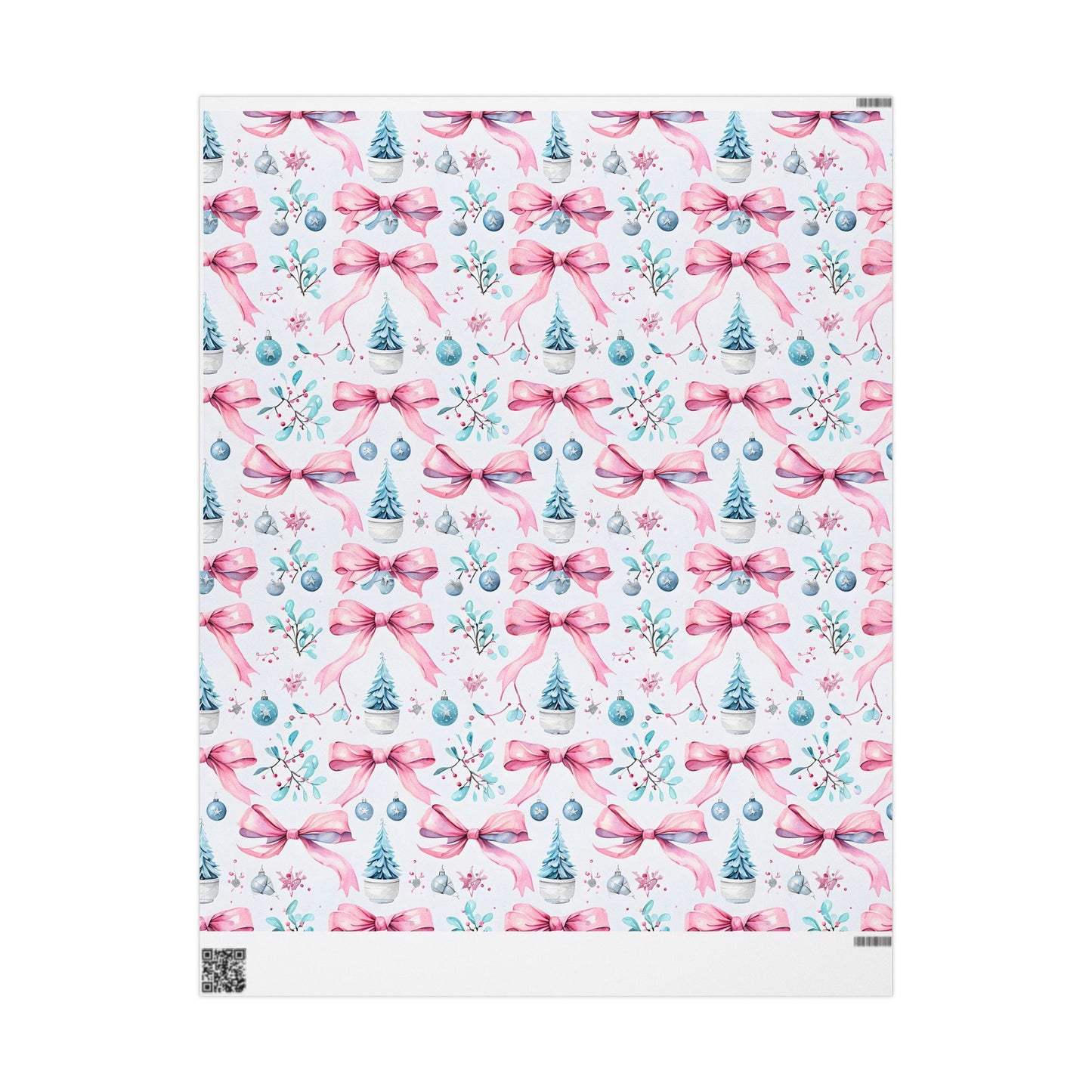 Whimsical Christmas Wrapping Paper with Pink Bows and Ornaments